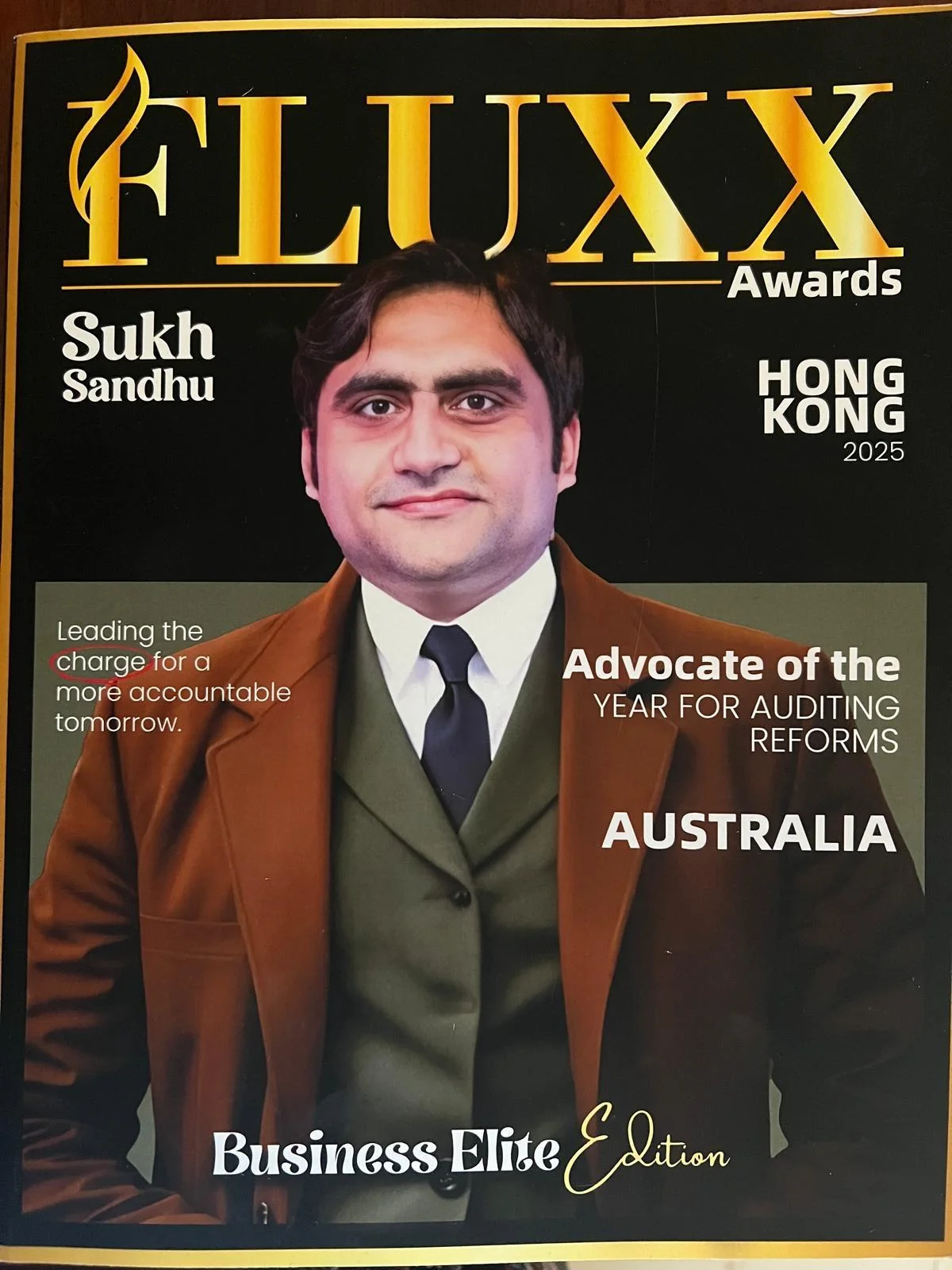 Sukh Sandhu Sukh Sandhu on the cover of the FLUXX Awards Business Elite edition from Hong Kong, receiving professional recognition.