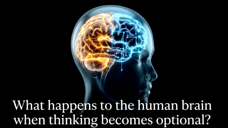 AI and Critical Thinking | Sukh Sandhu A graphic depicts a glowing brain within a silhouetted head, questioning the impact of artificial intelligence on cognitive.
