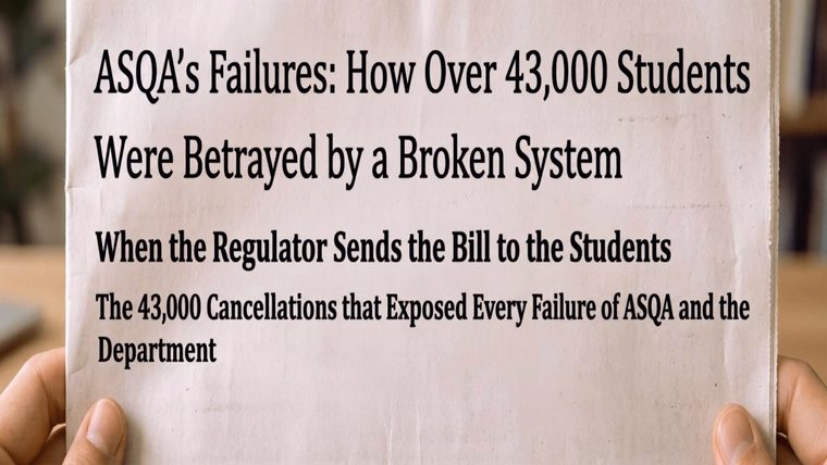 ASQA Failures | Sukh Sandhu A torn paper shows headlines about ASQA failures and the cancellation of studies for over 43,000 students.