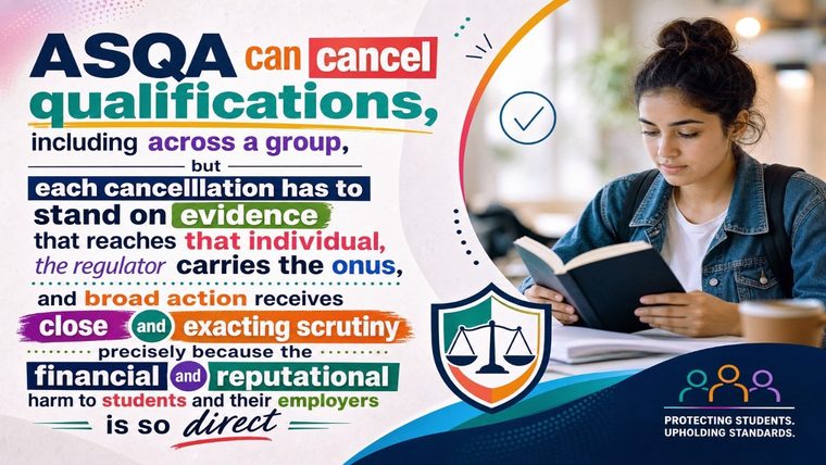 ASQA Regulation | Sukh Sandhu Graphic illustrating ASQA’s responsibility to provide evidence for qualification cancellations, relevant to compliance.