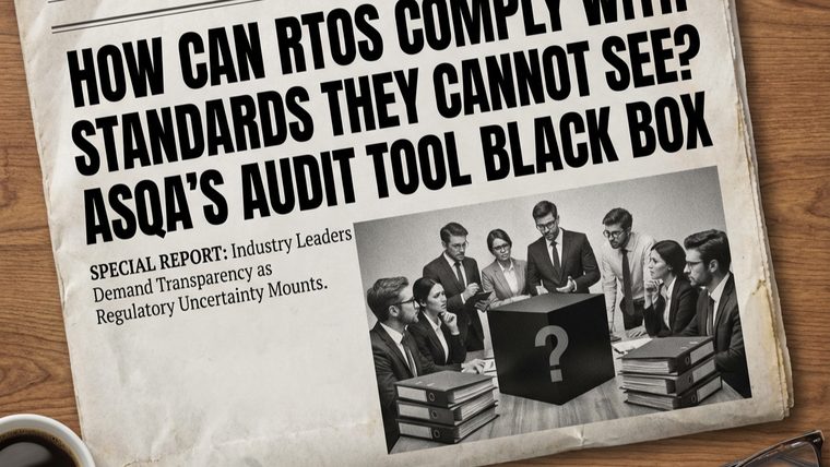 ASQA & RTO Compliance | Sukh Sandhu A newspaper headline highlights concerns about ASQA's lack of transparency regarding audit tools for Registered Training.