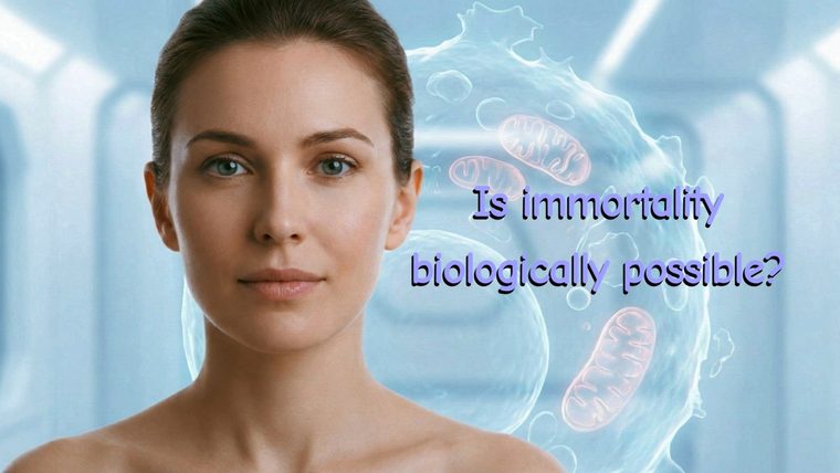 Cellular Biology | Sukh Sandhu A graphic shows a woman’s face merging with cellular structures, questioning the possibility of biological immortality.