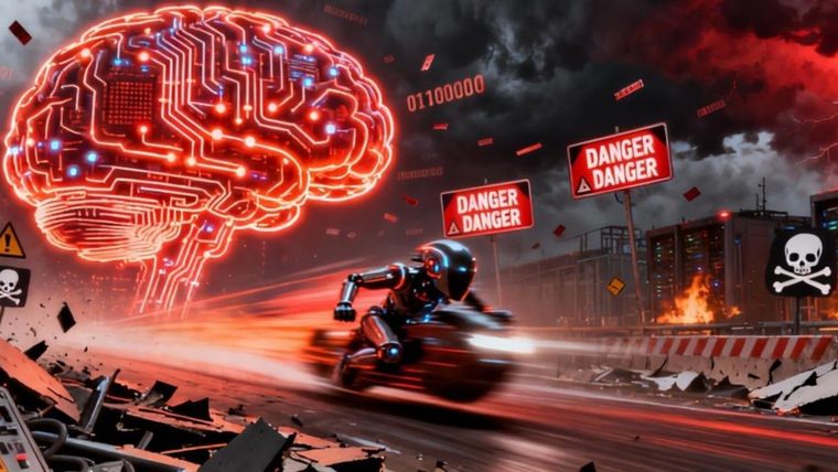 Robotic Motorcycle | Sukh Sandhu A robotic rider speeds through a dystopian city with digital brain imagery, reflecting the risks of AI research.