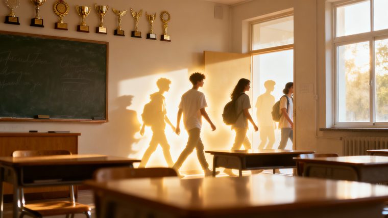 Classroom Scene | Sukh Sandhu Students enter a bright classroom filled with trophies, representing success in professional development.