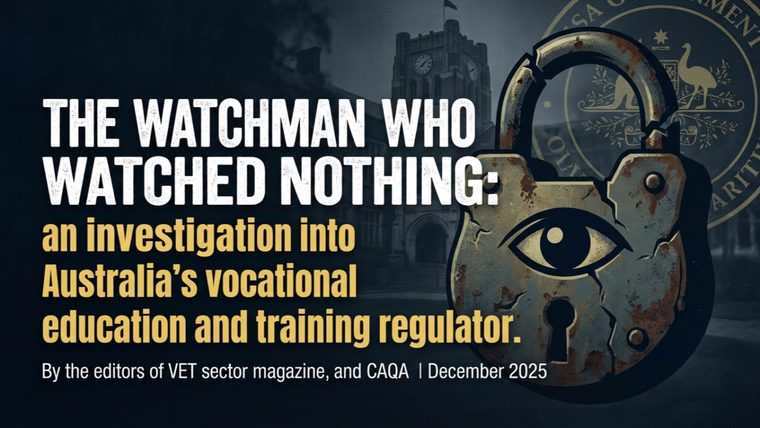 Investigation Cover | Sukh Sandhu A cover for an investigation into Australia's vocational education regulator, published in December 2025.